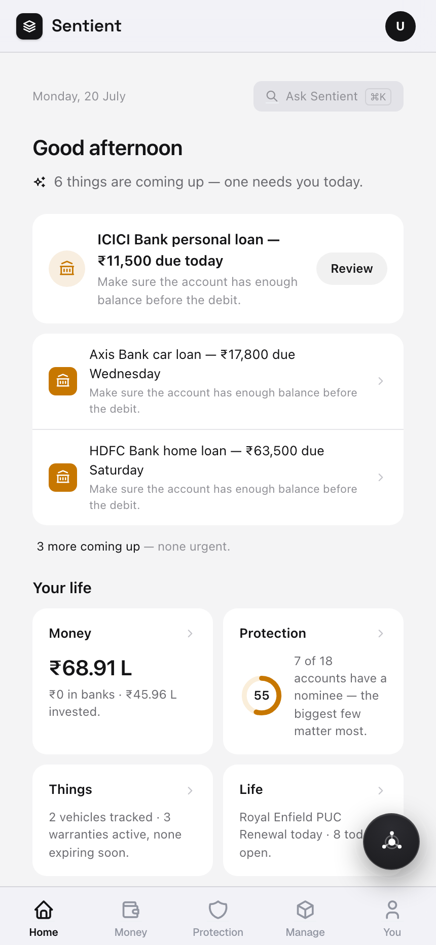 Sentient mobile app dashboard.