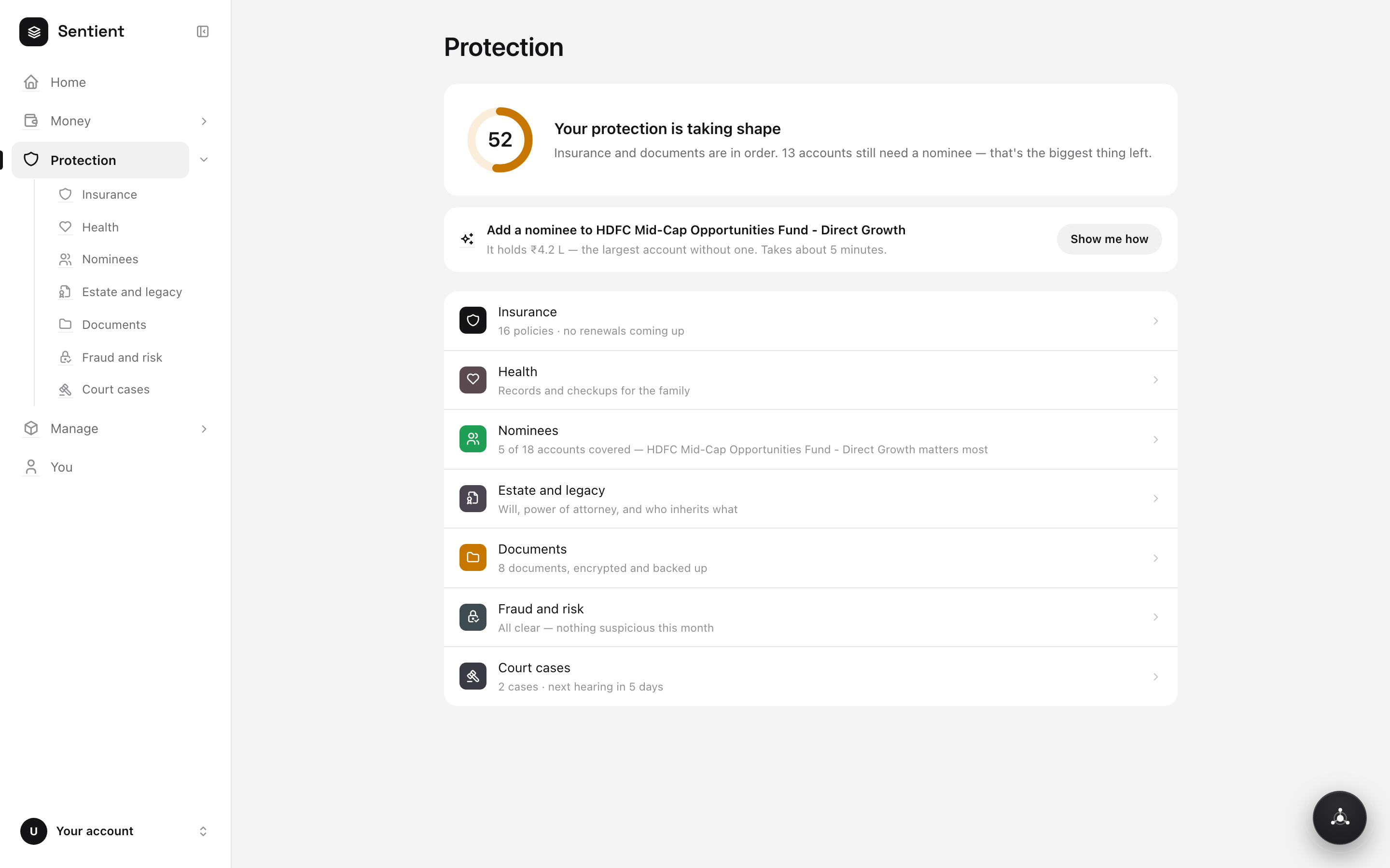 Sentient Protection — insurance, health, nominees, estate, documents and fraud in one view.
